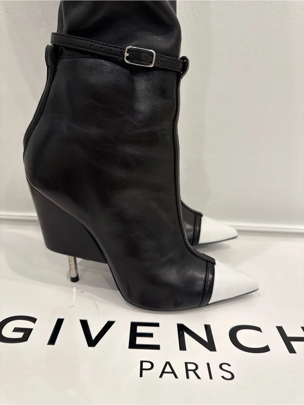 Givenchy Runway Black Lamb Leather Over The Knee Boots White Cap Toe 37